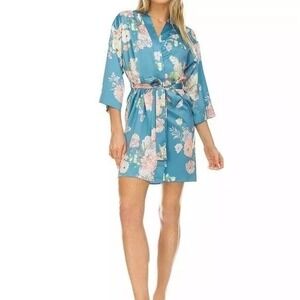 Flora Nikrooz Blue Roses Floral Satin Robe Kimono Size XS/S Romantic Cottagecore